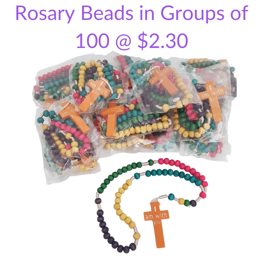 buy rosary beads in bulk groups of 100 in Australia for catholic schools and parishes, brightly coloured wooden beads, modern, quality