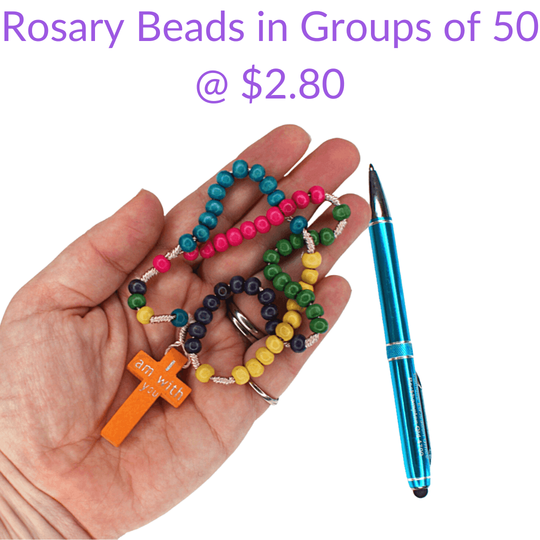 buy rosary beads in bulk groups of 50 in Australia for catholic schools and parishes, brightly coloured wooden beads, modern, quality